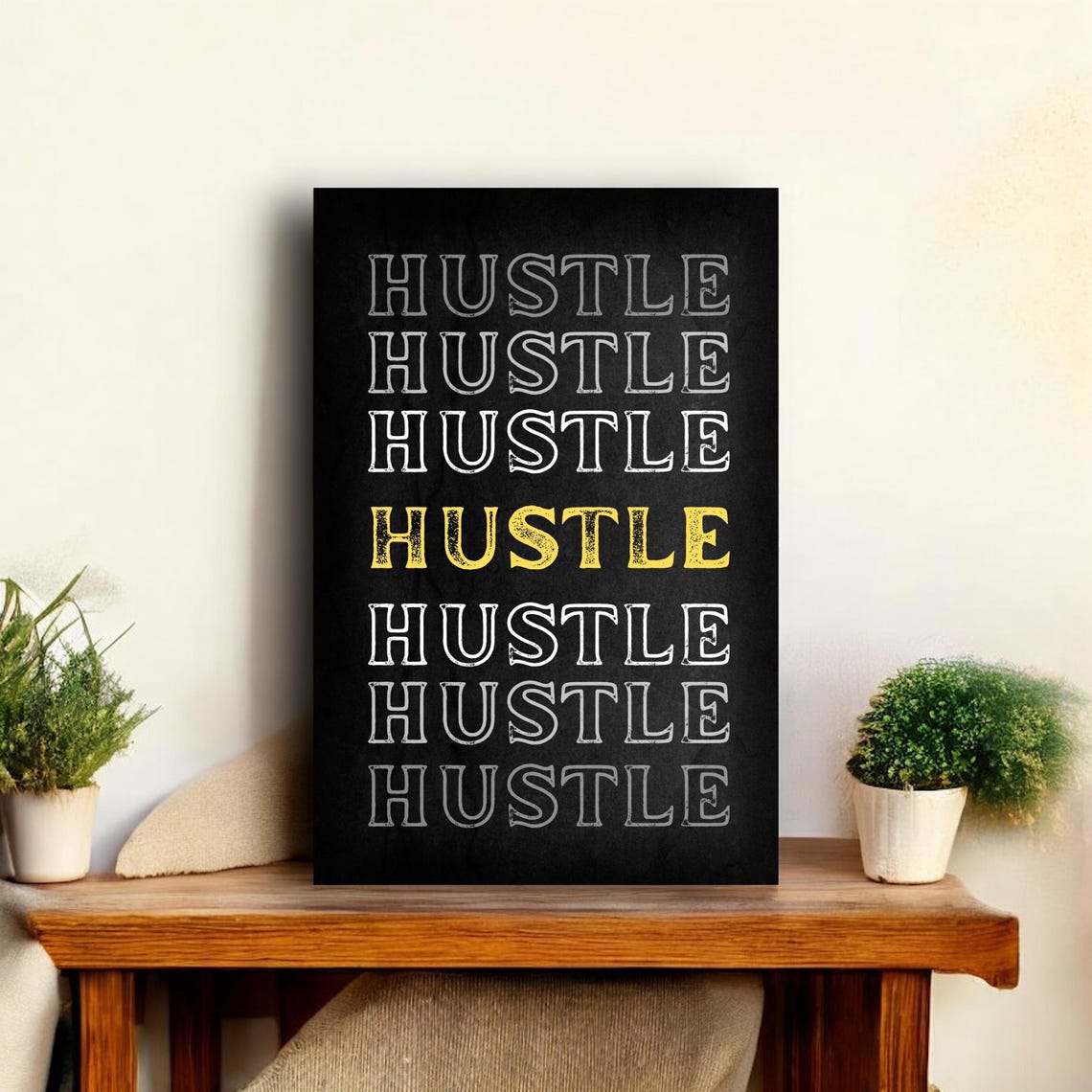 Hustle Repeated Typography Gold Accent Black Chalkboard Wall Art