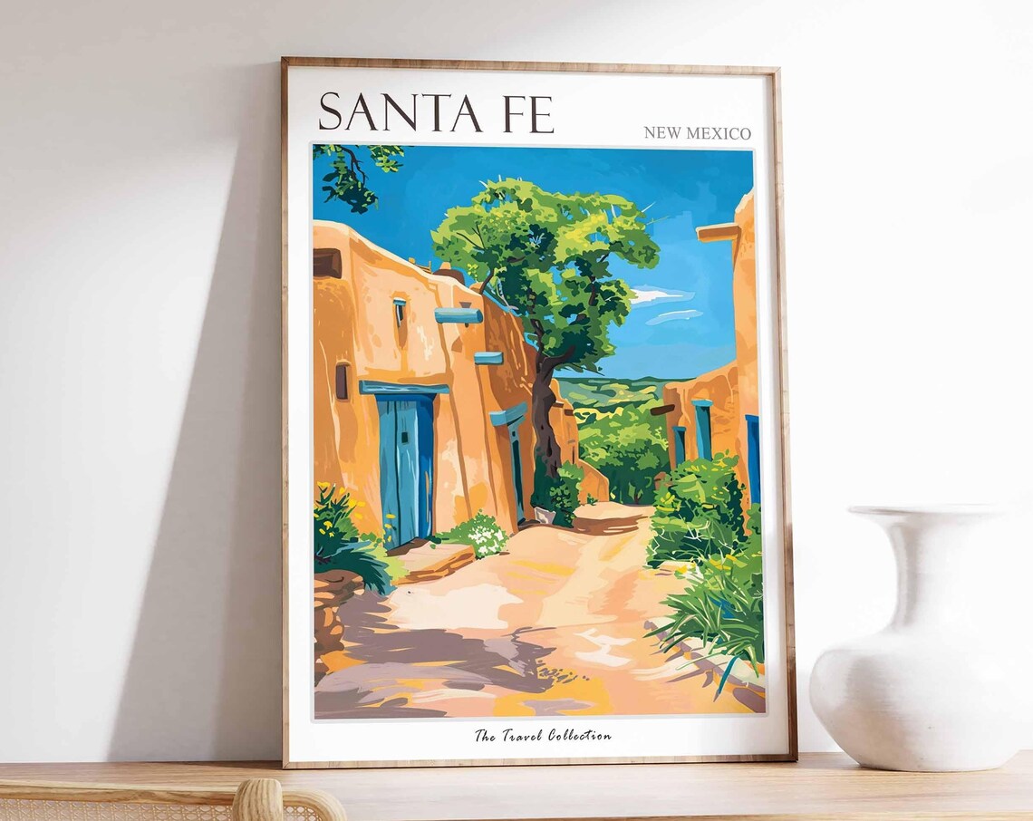 Santa Fe New Mexico Travel Poster Adobe Alley Blue Doors Painting Art