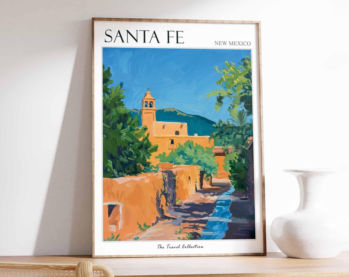 Santa Fe New Mexico Adobe Church Bell Tower Desert Street Poster