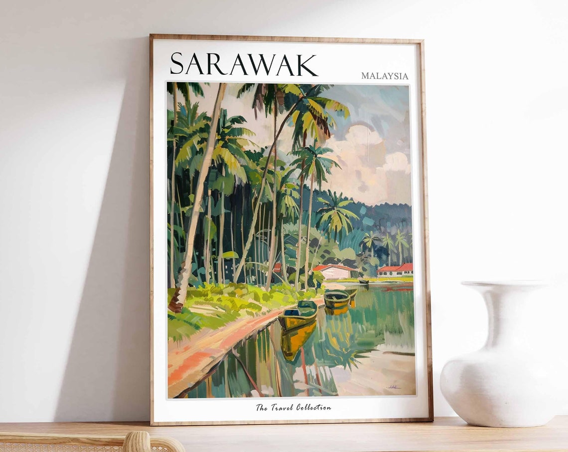 Sarawak Malaysia Tropical River Palms Painted Jungle Travel Poster