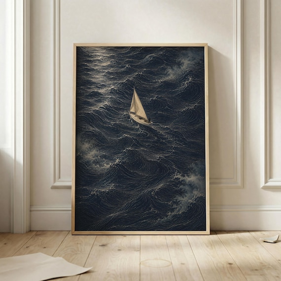 Dark Sailboat On Moody Ocean Waves Dramatic Nautical Night Poster