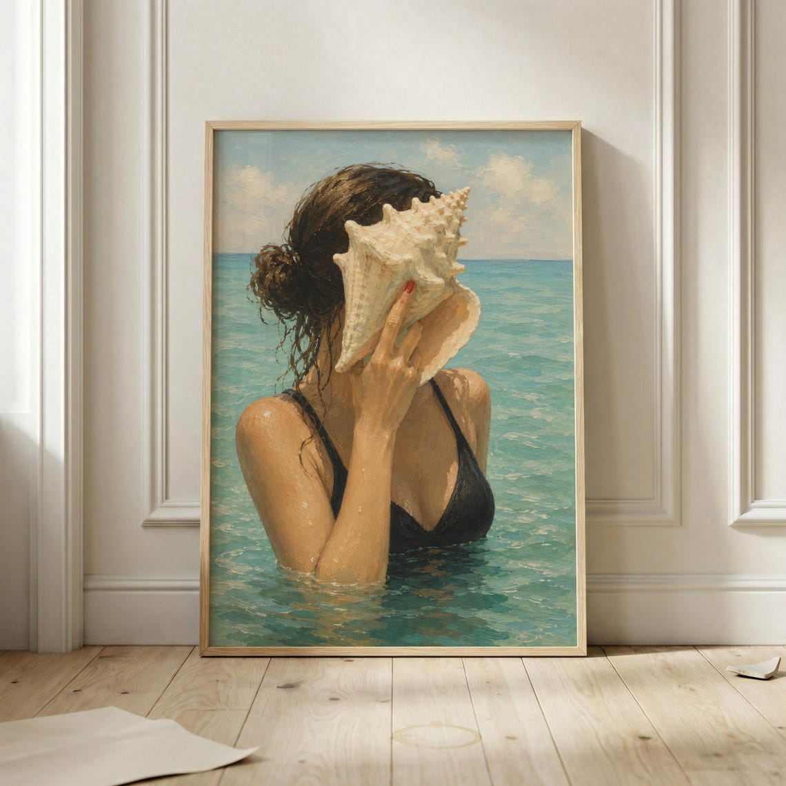 Woman Holding Conch Shell To Face Standing In Ocean Art Poster