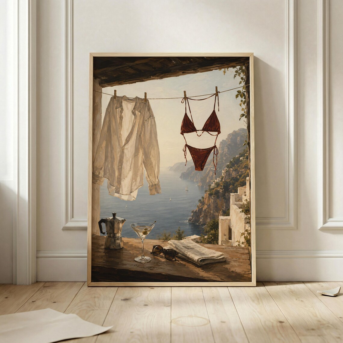 Amalfi Coast Laundry Line Moka Pot Martini Italian Riviera Poster