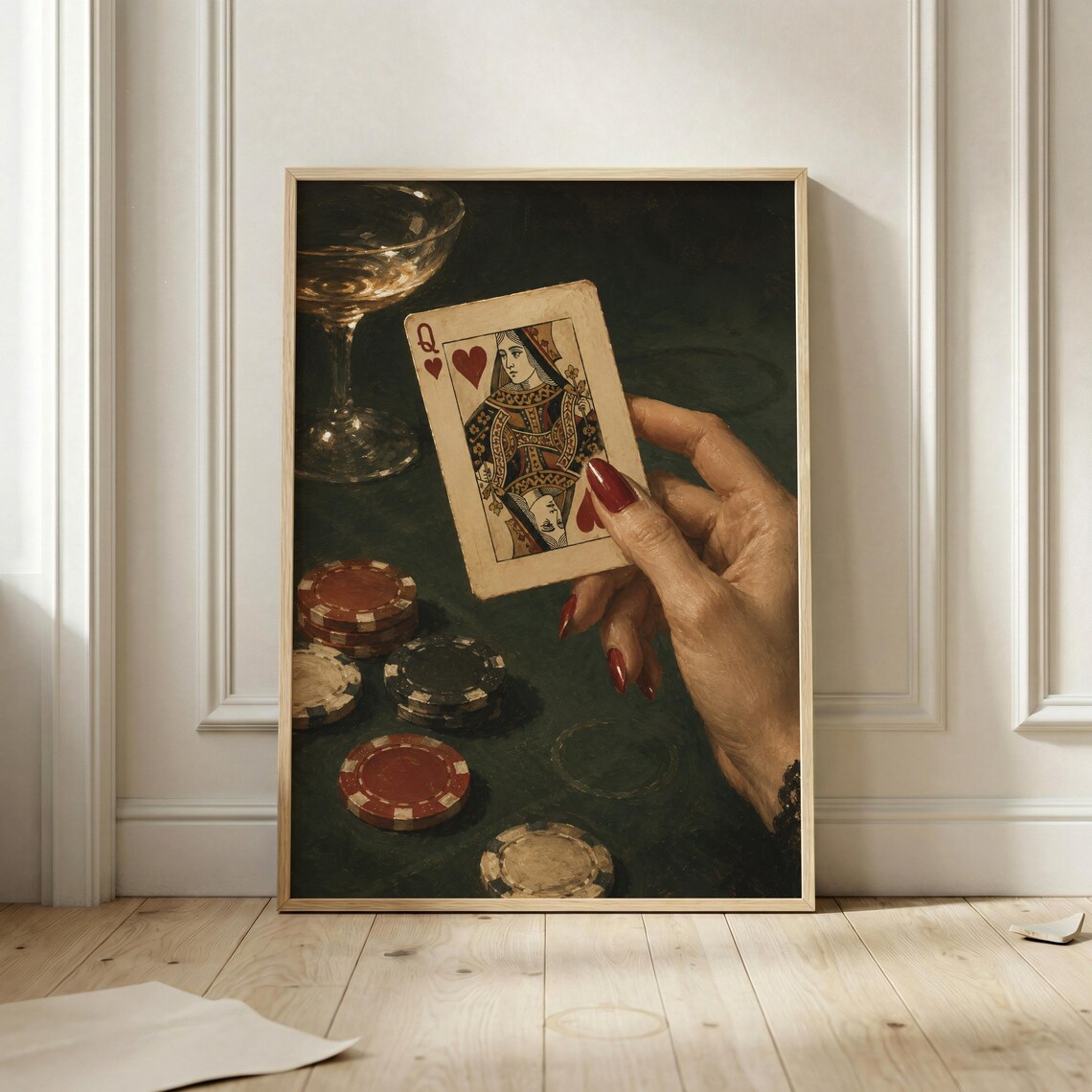 Queen Of Hearts Vintage Poker Card, Casino Decor