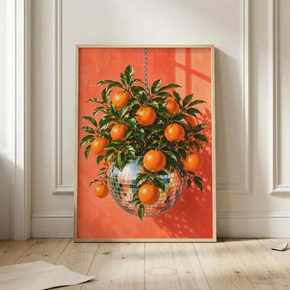 Disco Orange Tree Wall Art Print Citrus Fruit Poster Retro Maximalist Decor Funky Kitchen Artwork Vibrant Botanical