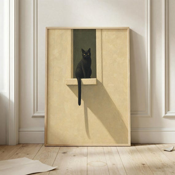 Black Cat Window Poster Minimalist Cream Animal Art Print Sunlit Long Shadow Wall For Bedroom Hallway And Modern Neutral Home Decor