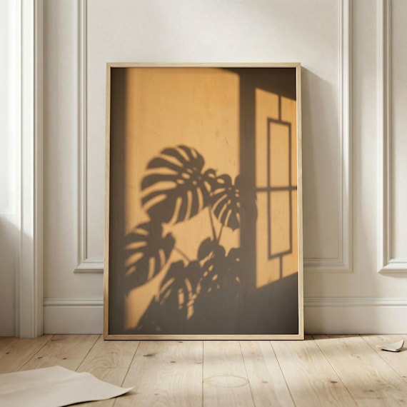 Golden Wall With Monstera Leaf Shadows Warm Botanical Art Poster