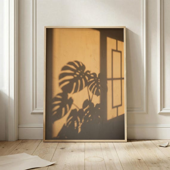 Monstera Shadow Photography Print Golden Sunset Botanical Wall Art Window Neutral Minimalist Decor Plant Artwork