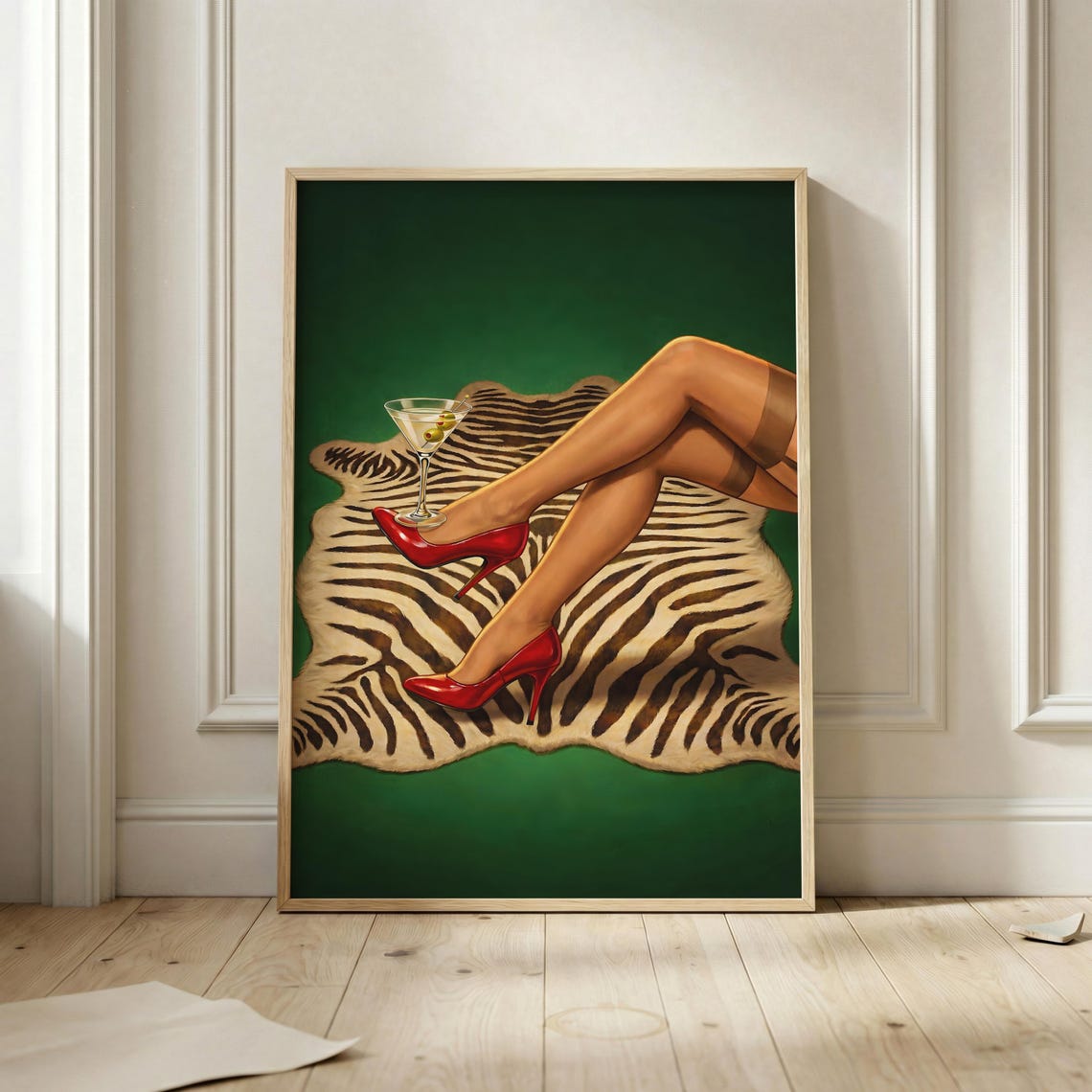 Vintage Red Heels Martini Glass Zebra Rug Glam Bar Cart Wall Art