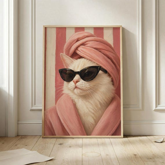 Pink Glam Cat Bathroom Wall Art Print Chic Portrait Poster Coquette Aesthetic Decor Fashion Kitty Artwork Feminine