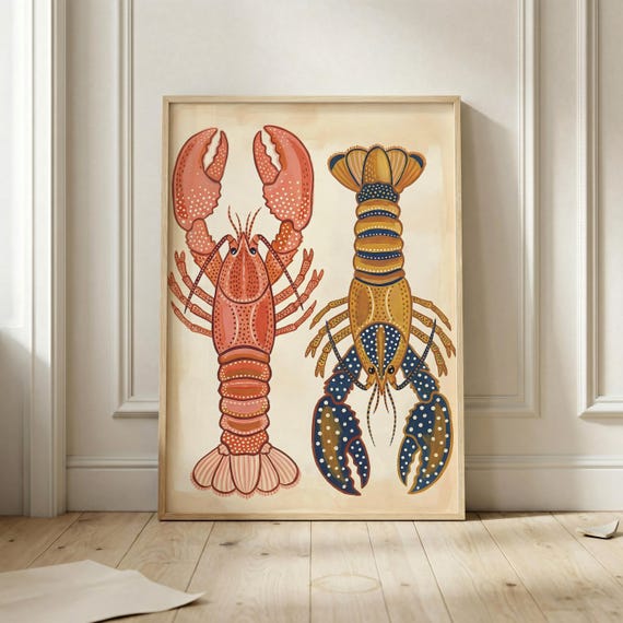 Colorful Lobster Poster Coastal Seafood Wall Art Print Nautical Kitchen Decor Whimsical Ocean Animal