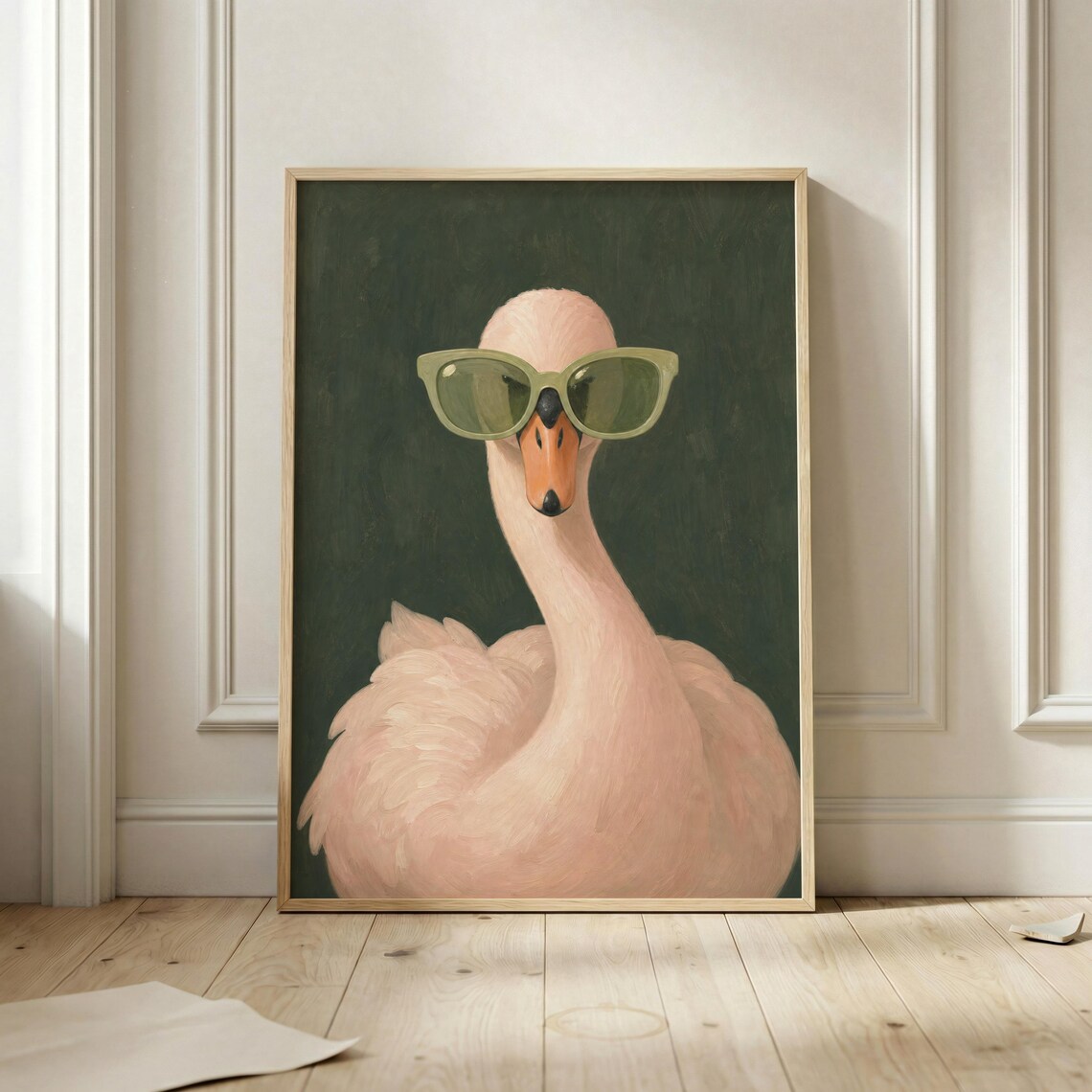 Pink Flamingo Wearing Green Sunglasses Fun Animal Portrait Wall Art