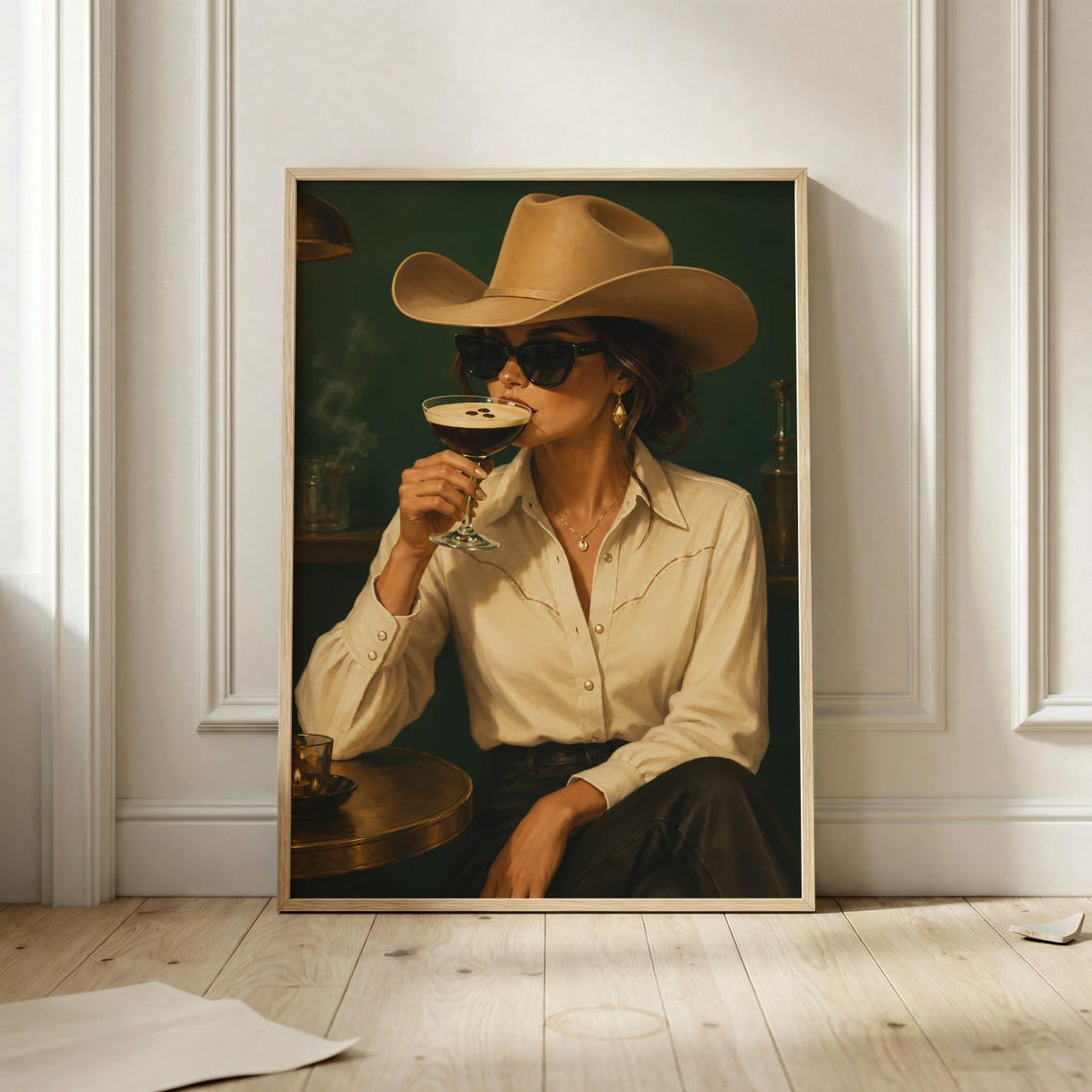 Cowgirl Espresso Martini Poster Western Bar Wall Art Vintage Glamour Print Emerald Green Cocktail Decor Retro Fashion Illustration