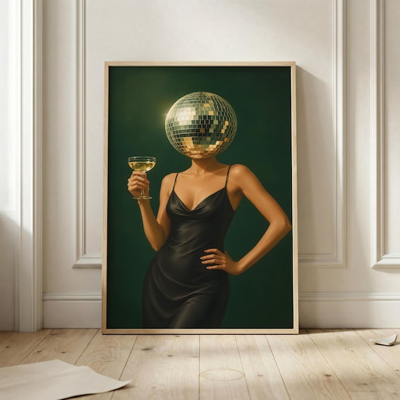 Disco Ball Head Woman Champagne Surreal Chic Fashion Wall Art