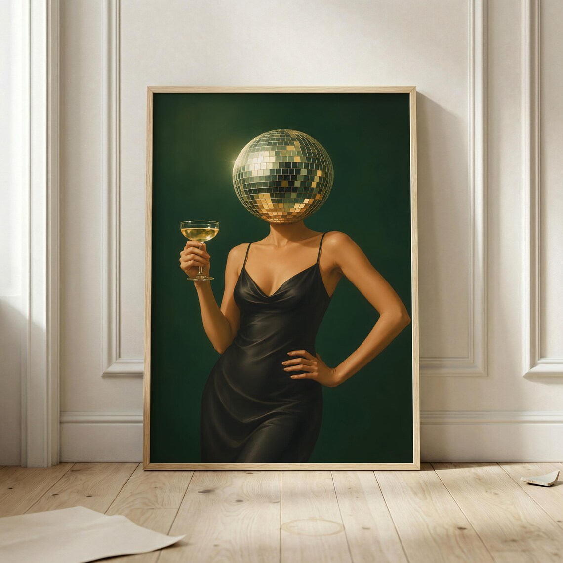 Disco Ball Head Woman Champagne Surreal Chic Fashion Wall Art