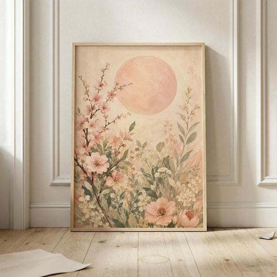 Pink Cherry Blossoms Under a Soft Blush Pink Sun Floral Poster