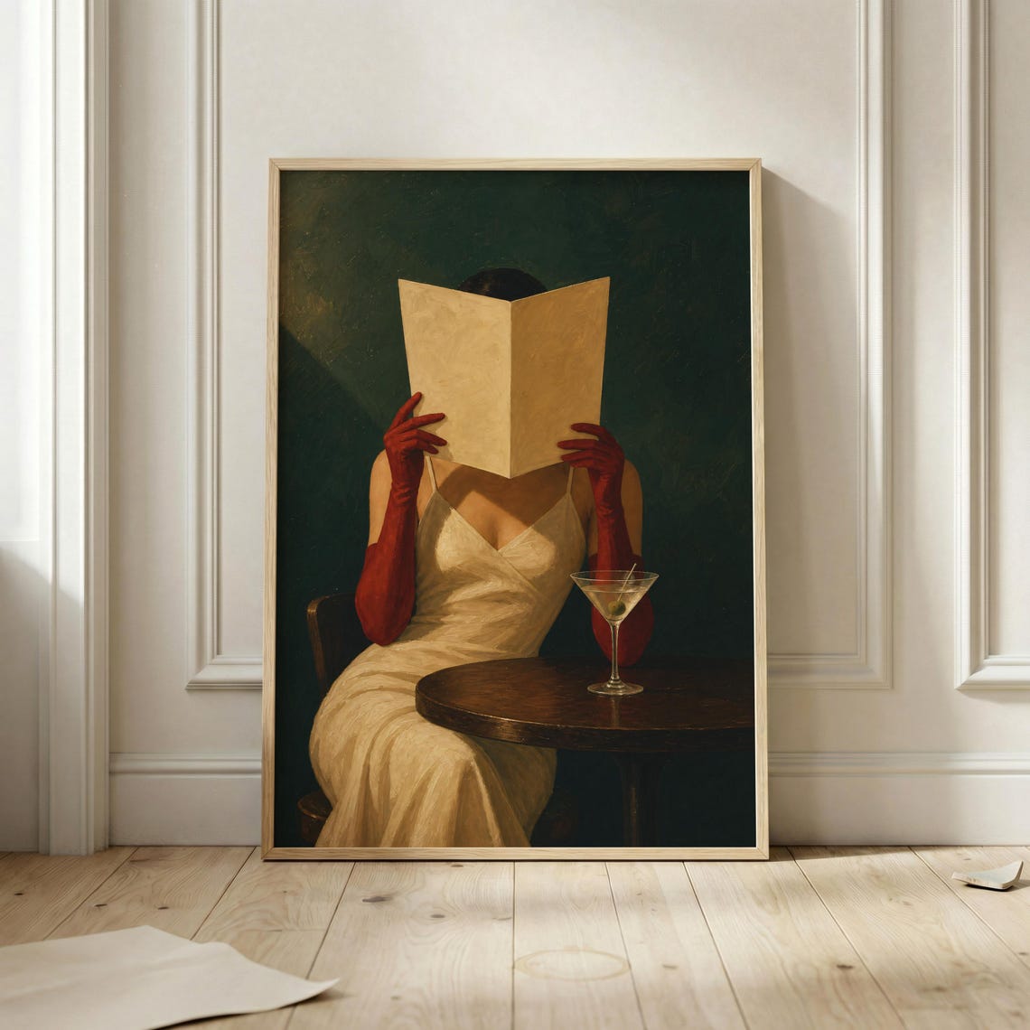Martini Reader Wall Art Elegant Woman Poster Red Gloves Print Moody Cocktail Bar Decor Vintage Style Restaurant Dining Artwork
