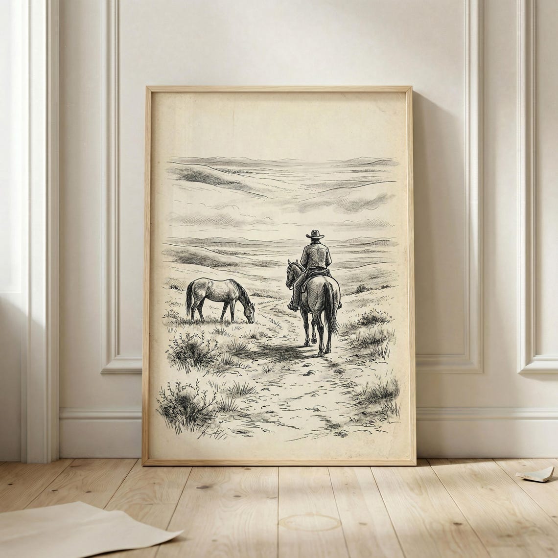 Lone Cowboy Riding Horse Through Rolling Hills Sketch Poster