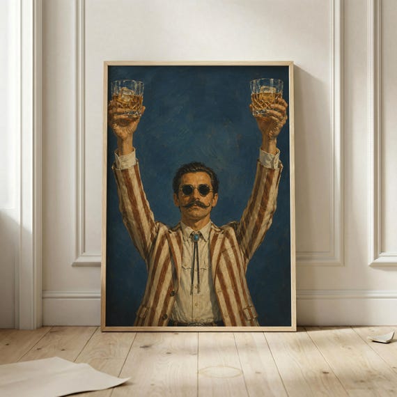 Whiskey Toast Poster Retro Gentleman Wall Art Quirky Cocktail Bar Decor Masculine Lounge Print Maximalist Home Artwork
