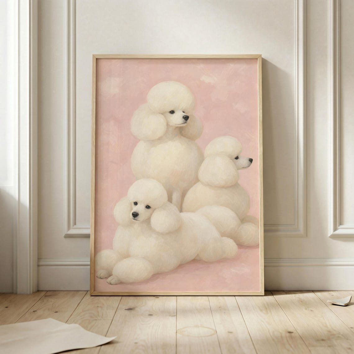 Three White Poodles On Pink Background Cute Dog Portrait Poster