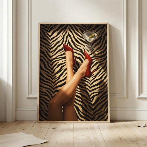 Red Heels Fashion Wall Art Zebra Print Poster Martini Cocktail Artwork Glamorous Feminine Decor Luxury