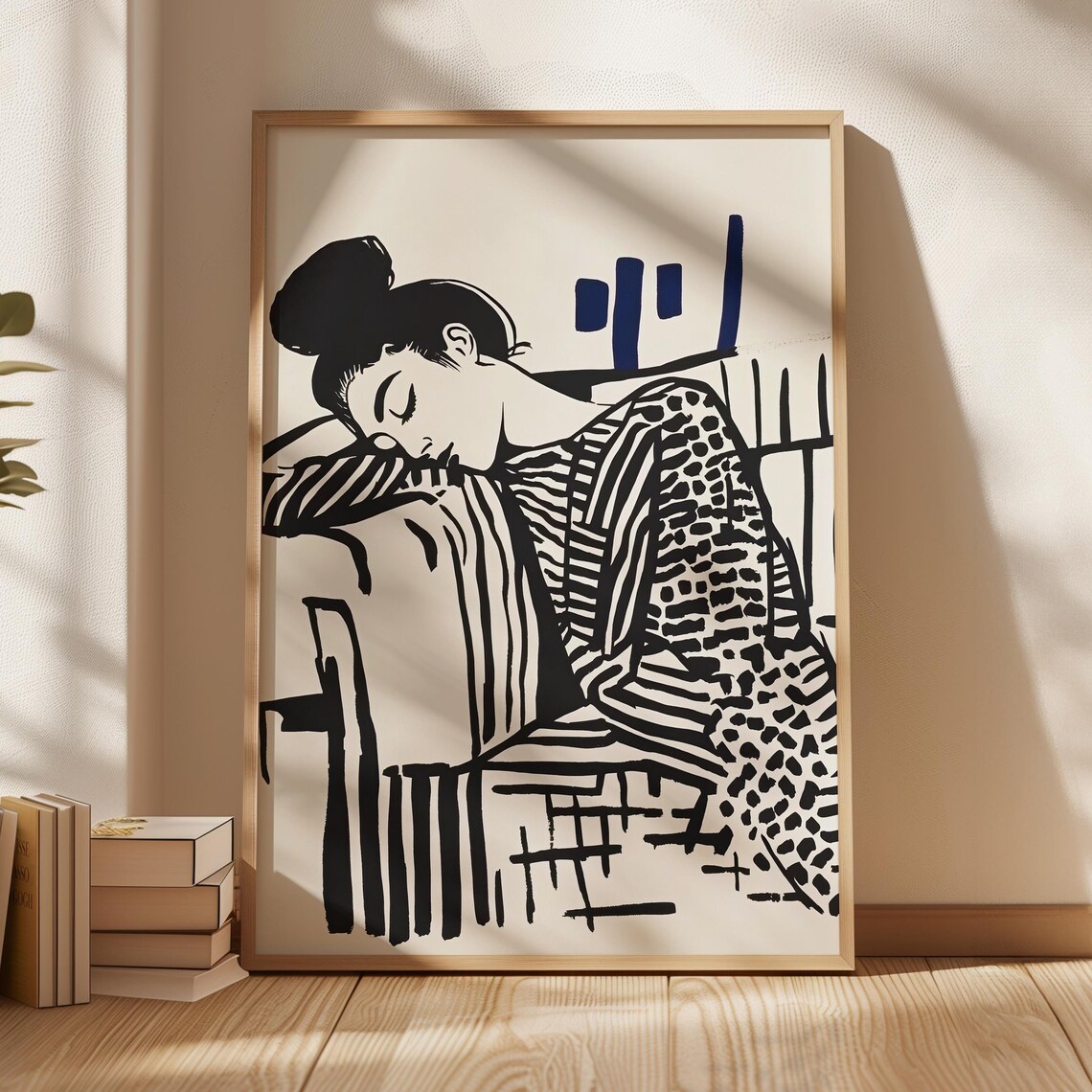 Resting Woman in Patterned Dress Black Ink Illustration Poster