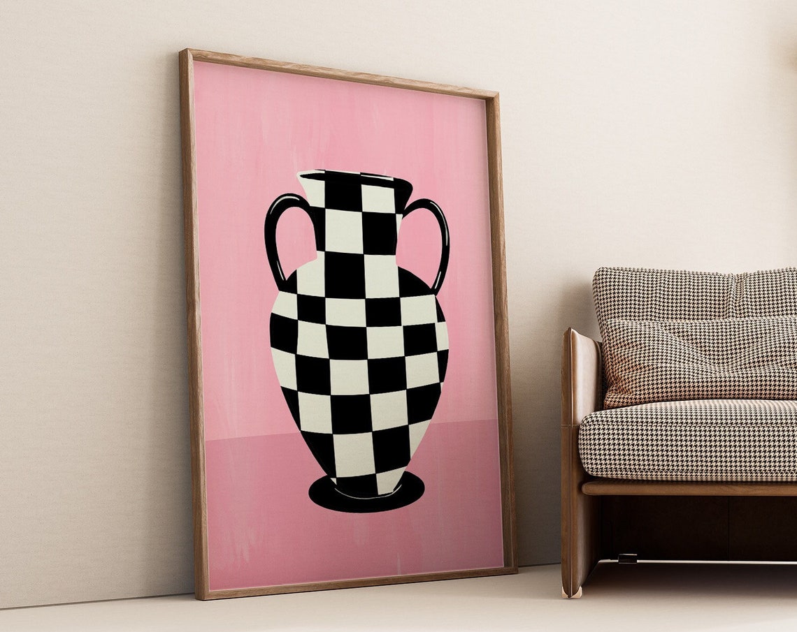 Checkered Amphora Vase On Soft Pink Modern Eclectic Decor Poster