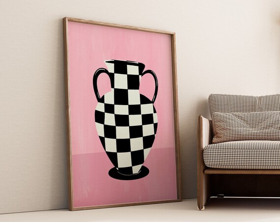 Checkered Vase Print Eclectic Pink Wall Art Scandinavian Modern Abstract Still Life