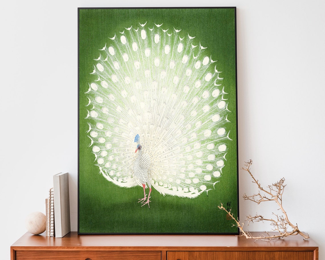 Ohara Koson White Peacock Displaying Full Fan Tail Green Poster