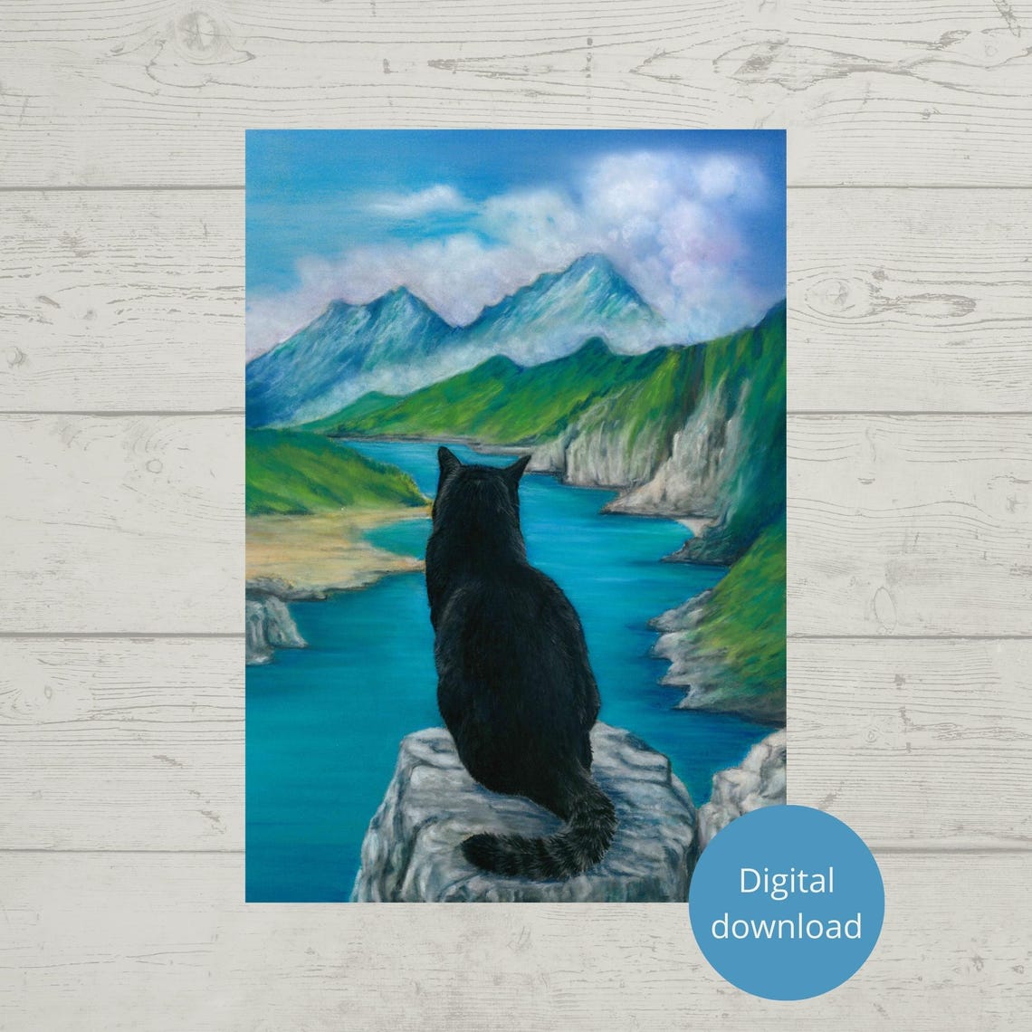 Black Cat On Rock Overlooking Mountain Lake Landscape Poster