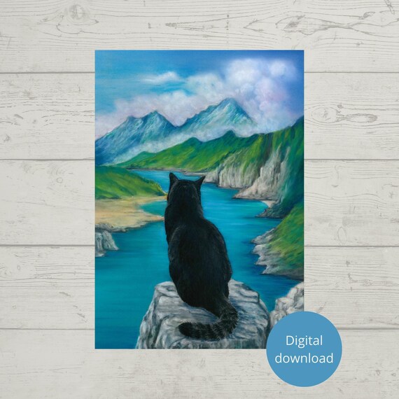 Black Cat On Rock Overlooking Mountain Lake Landscape Poster