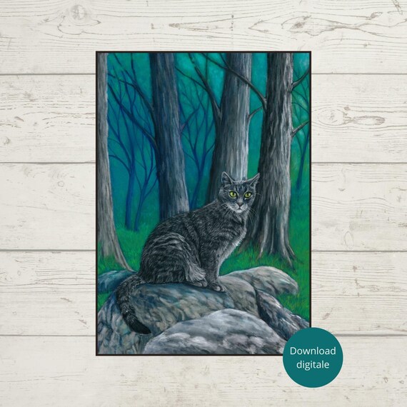 Gray Tiger Cat On Mossy Rock In Enchanted Forest Wildlife Poster