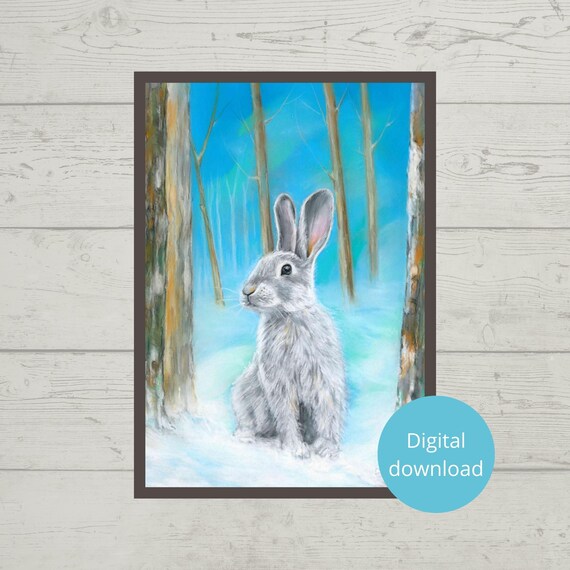 Gray Bunny Sitting In Snowy Blue Winter Forest Nursery Poster