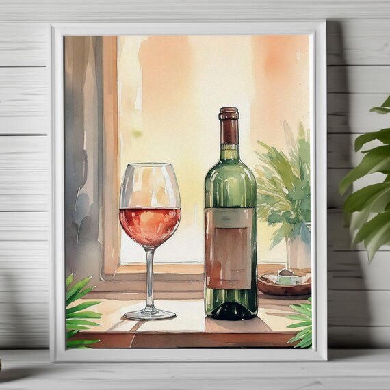 Watercolor Wine Bottle and Rose Glass Sunny Still Life Poster