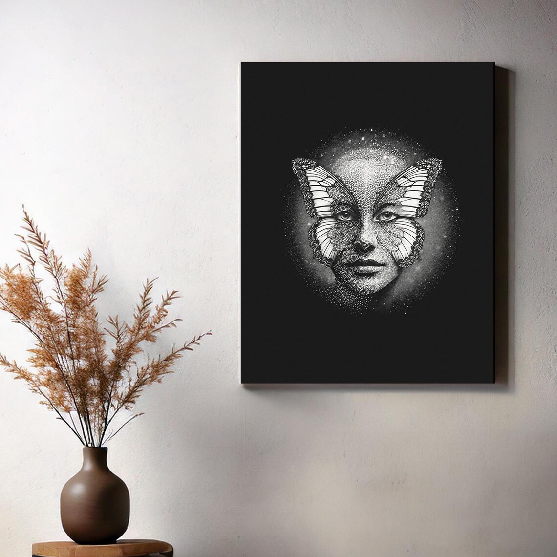 Woman Face Butterfly Fusion Black and White Dotwork Surreal Art Poster - Image 3