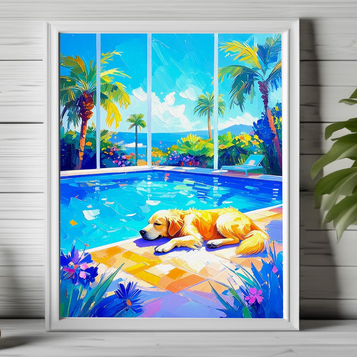 Golden Retriever Napping Poolside by Tropical Blue Pool Dog Poster
