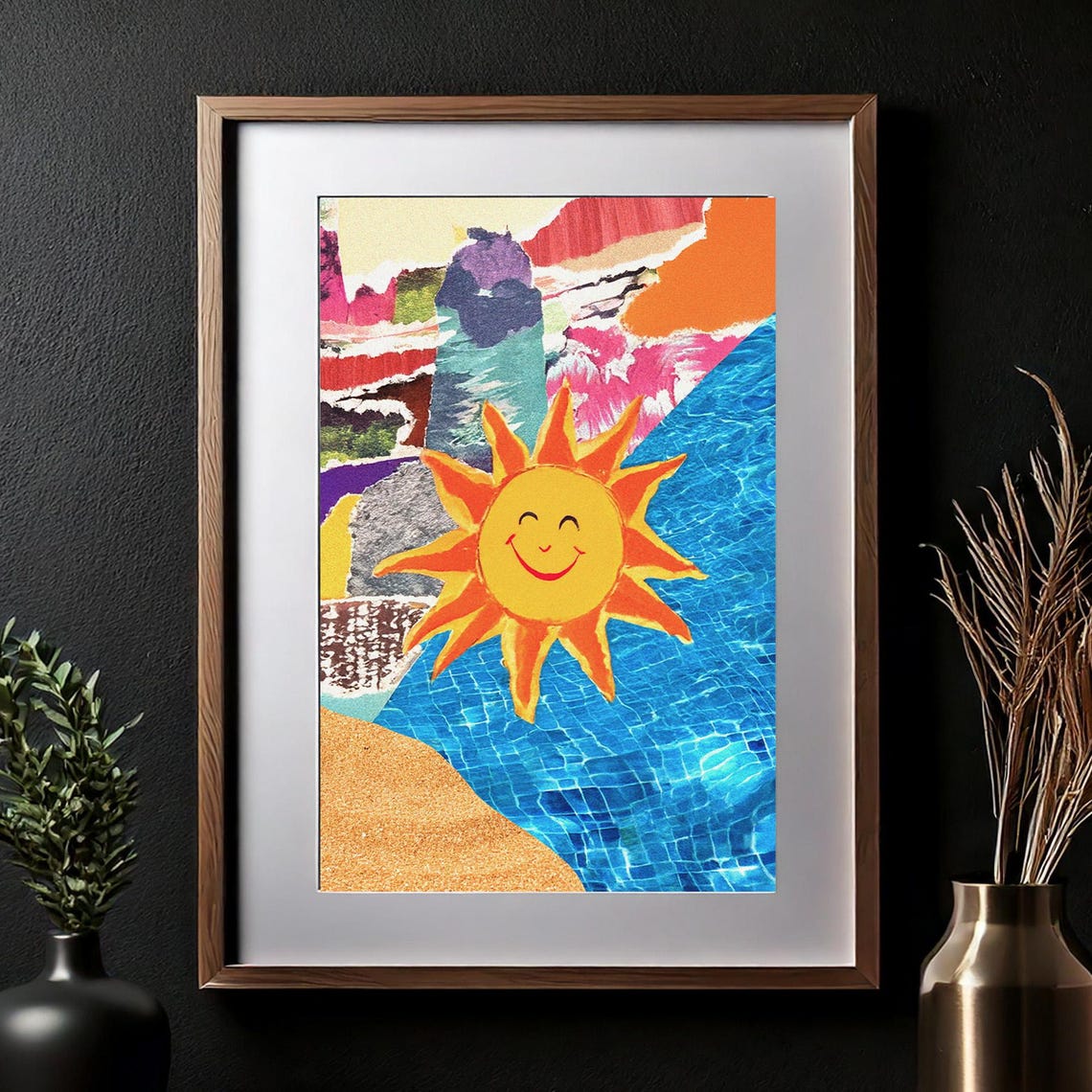 Retro Smiling Sun over Pool Beach Collage Mixed Media Art Poster - Image 3
