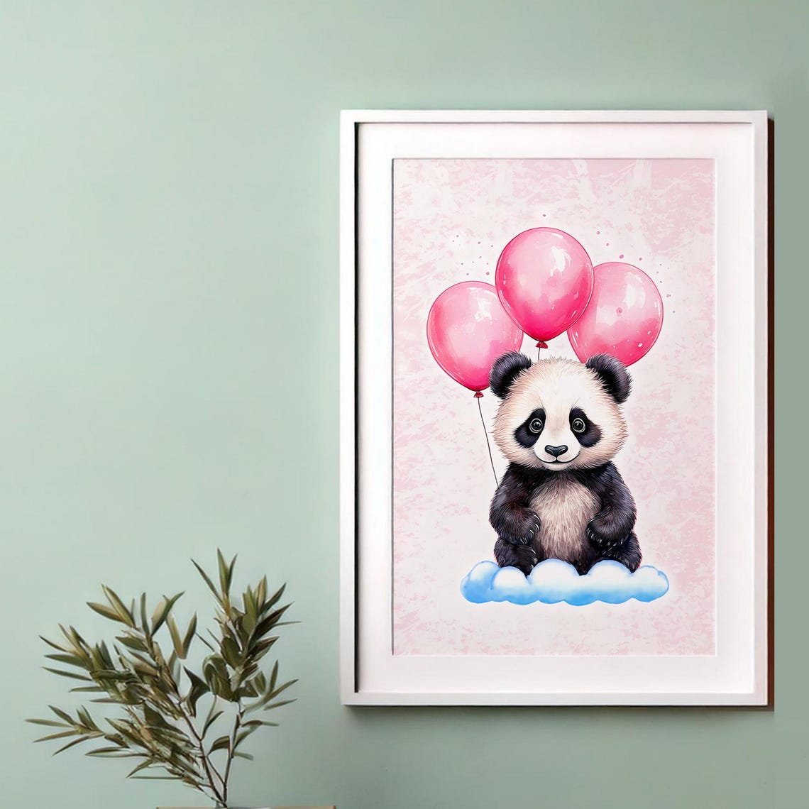Cute Baby Panda with Pink Balloons Floating Cloud Nursery Art Poster - Image 3