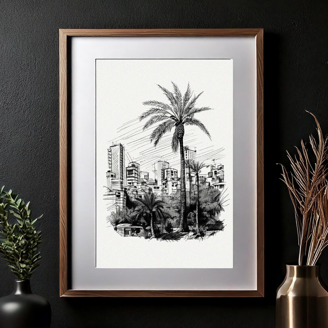 Tropical City Skyline Palm Trees Urban Sketch Black White Art Poster - Image 2