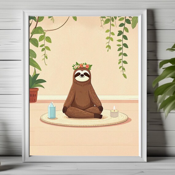 Meditating Sloth Art Print, Boho Zen Decor