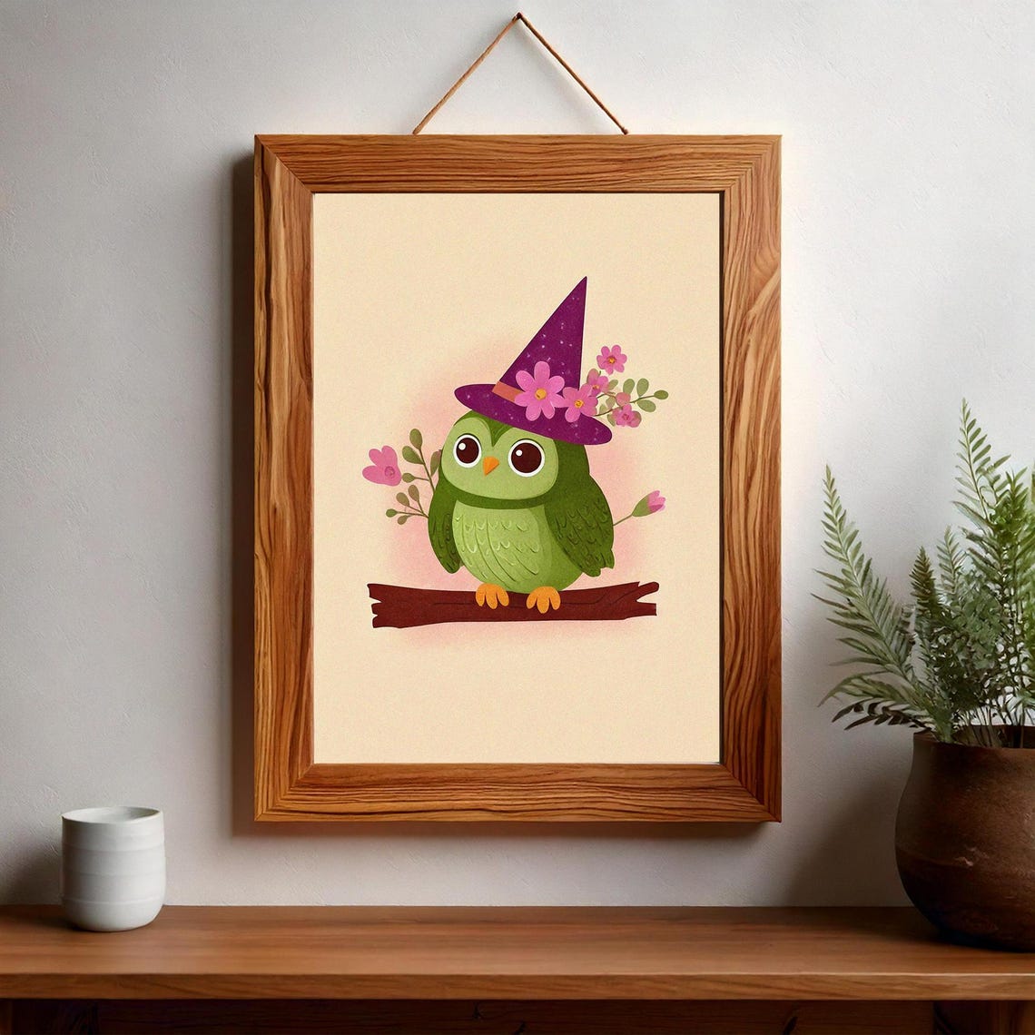 Cute Green Owl in Witch Hat with Flowers Kawaii Halloween Art Poster - Image 2