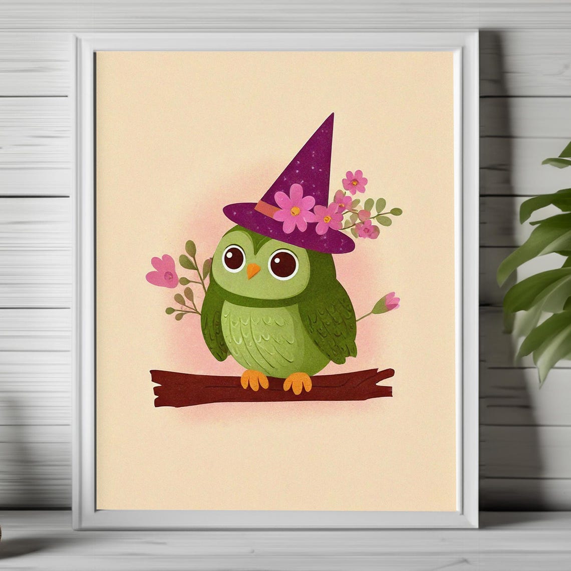 Cute Green Owl in Witch Hat with Flowers Kawaii Halloween Art Poster