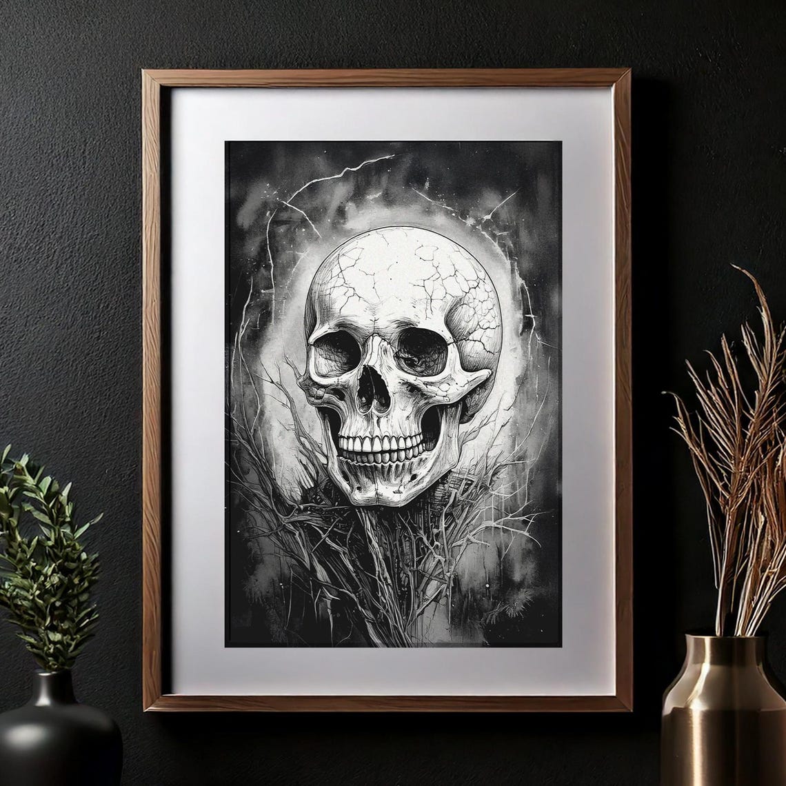 Monochrome Cracked Skull Among Dark Thorny Branches Gothic Poster - Image 2