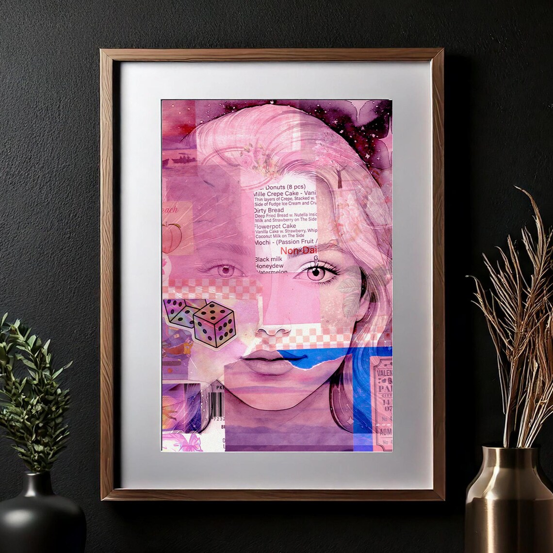 Surreal Pink Mixed Media Woman Portrait Collage Art Wall Poster - Image 2