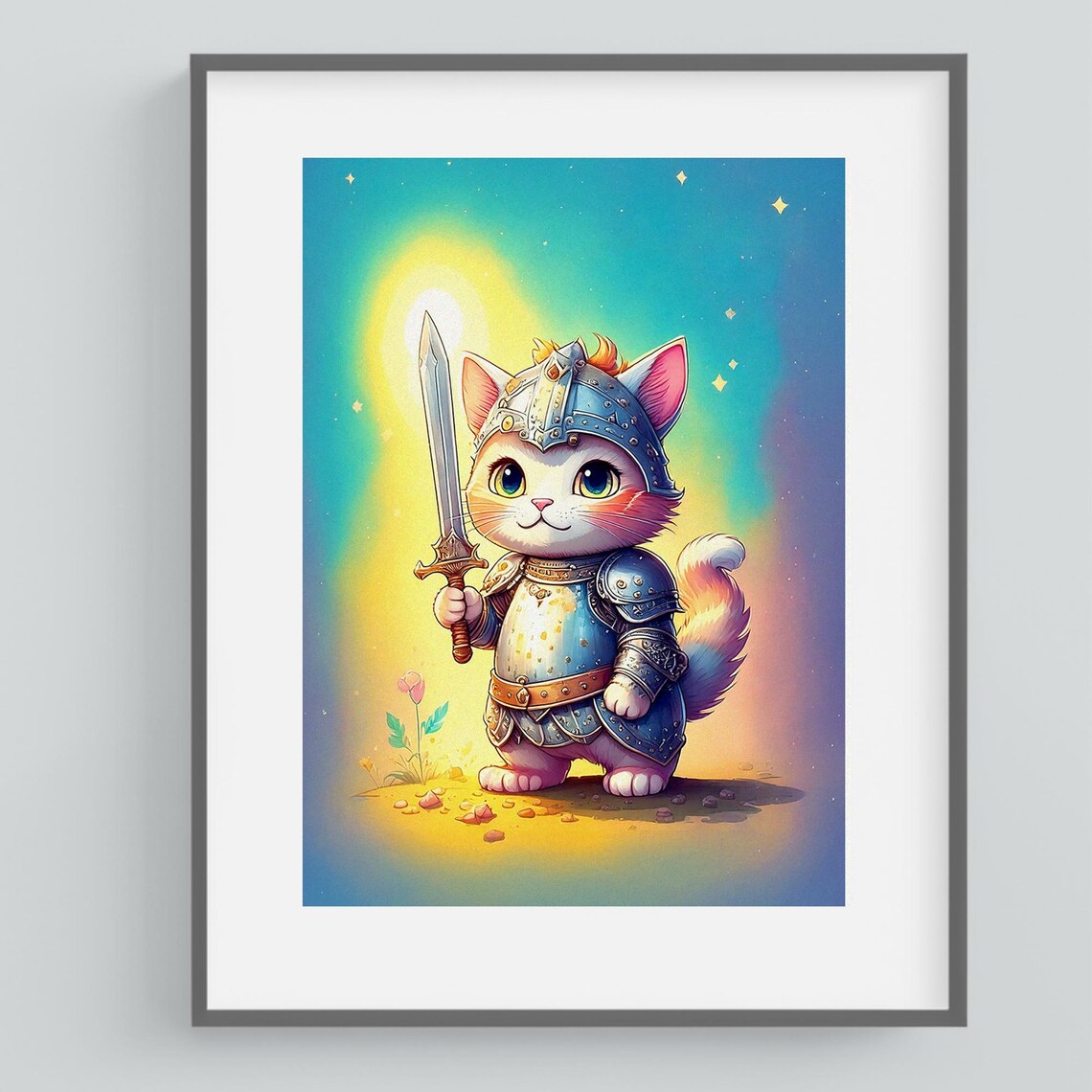 Cute Knight Cat with Sword in Armor Fantasy Whimsical Art Poster - Image 3