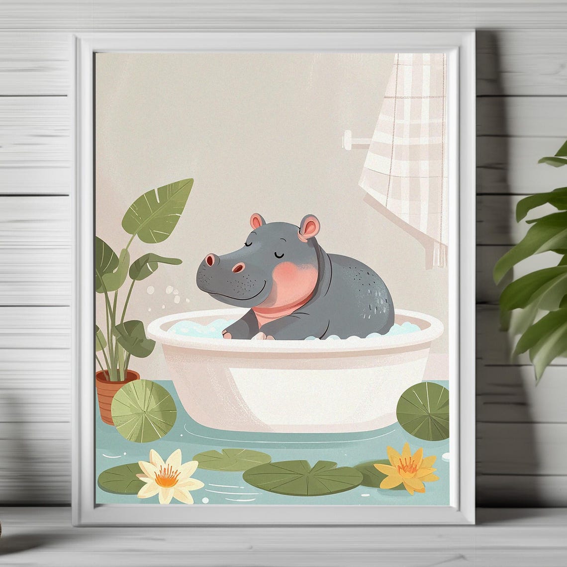 Baby Hippo in Bubble Bath With Lily Pads Cute Bathroom Wall Poster