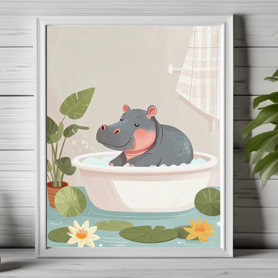 Cute Hippo Art Funny Bathroom Decor Whimsical Print Kawaii Poster Cozy Animal Wall 210