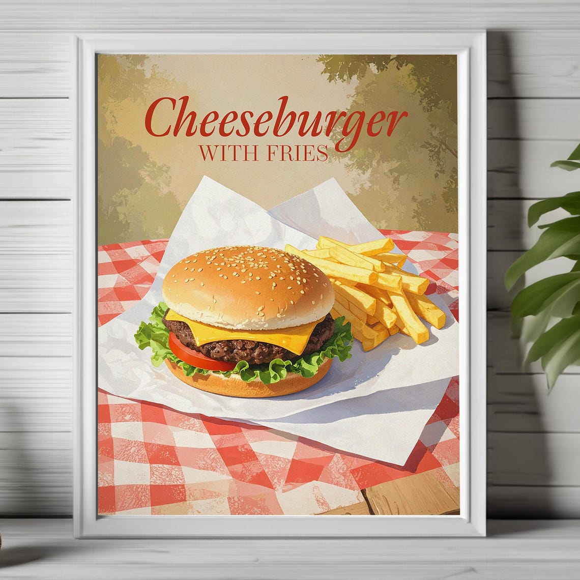 Retro Cheeseburger with Fries Diner Style Kitchen Food Poster