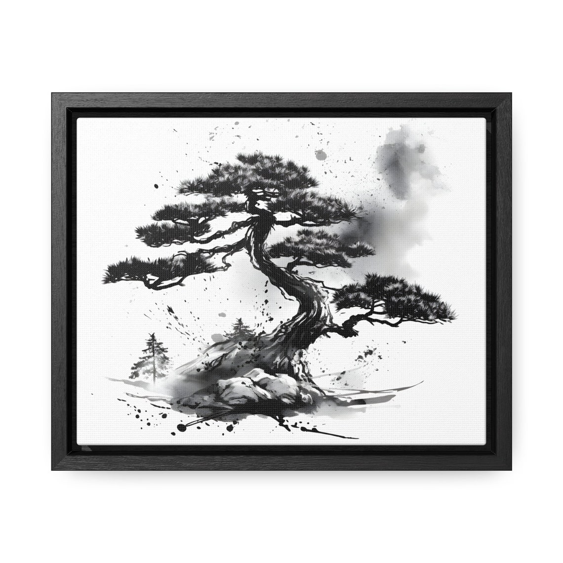 Bonsai Pine Tree Japanese Sumi-e Ink Black White Zen Style Poster