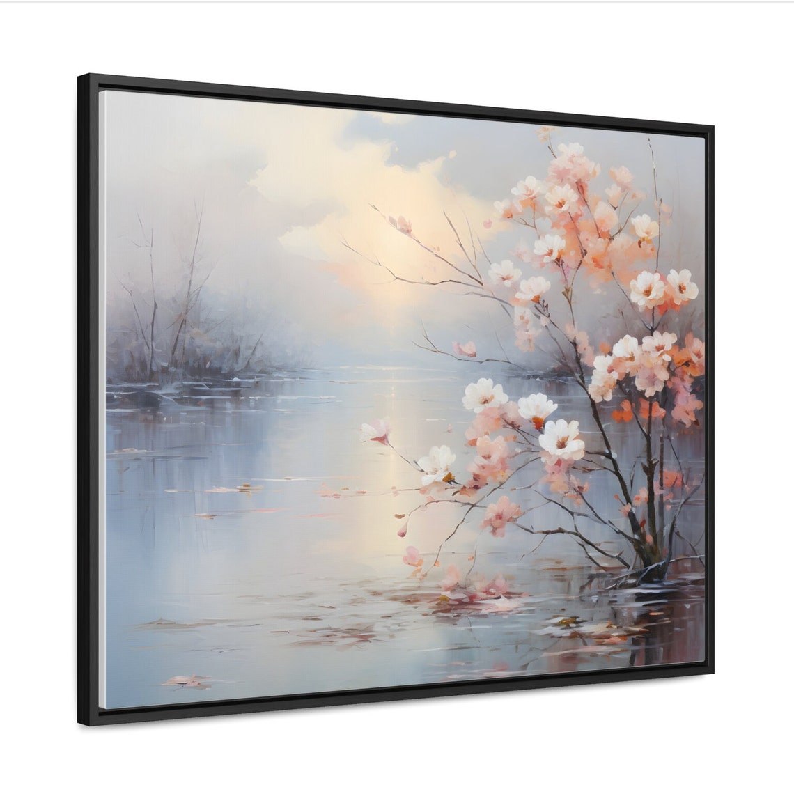Pink Blossom Lake At Dawn Soft Pastel Floral Landscape Poster - Image 2